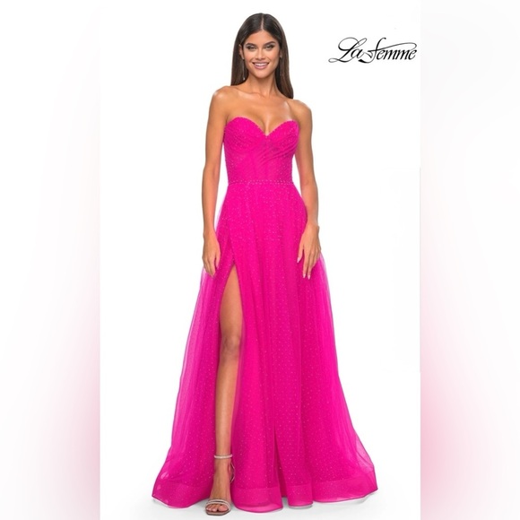 La Femme Hot Pink & Crystal Strapless Long Prom Ball Gown 31997 NWT - Picture 2 of 16